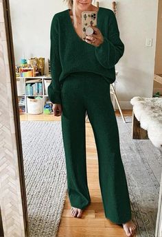 Women's 2 Piece Outfits Casual V Neck Knit Wide Leg Sweater Lounge Set Sweatsuit fall outfit ideas, fall outfit inspo, fall outfits, fall transition outfits, school outfits, senior year, outfits, simple outfits, airport outfits, university outfits, back to school outfits, two piece outfits Sweater Lounge Set, Sweatsuit Outfits, Sweater Lounge, Knit Loungewear Set, Knit Lounge Set, Knit Loungewear, Womens Knit Sweater, Loungewear Outfits, Stylish Sweaters