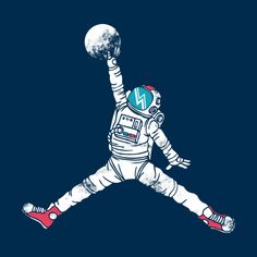 an astronaut is playing with a ball in the air and it's arms up