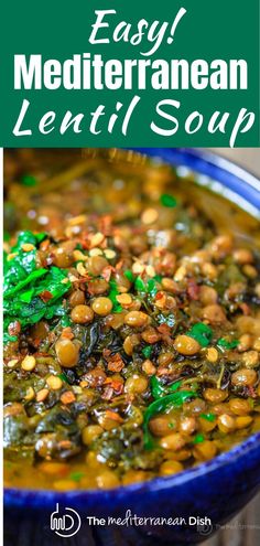 a blue bowl filled with lentil soup on top of a table