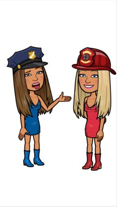 two cartoon girls with fireman hats talking to each other, one is pointing at the other