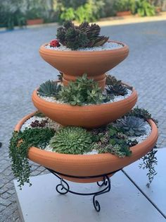 three tiered planter with succulents and gravel