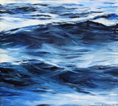 an abstract painting of blue ocean waves with white clouds in the sky and dark blue water