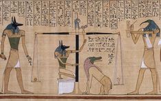 an egyptian painting with two men and one dog