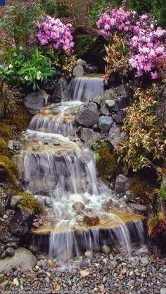 a small waterfall surrounded by rocks and flowers