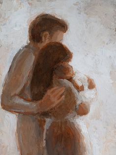 a painting of a man holding a baby