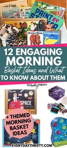 some books and toys in a box with the title 12 engaging morning activities to know about them