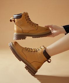 Unique Cross Strap Boots Yellow Cowhide Leather Mountaineering BootsMade of:-Cowhide Leather Upper.-Rubber sole- cushioned insole.