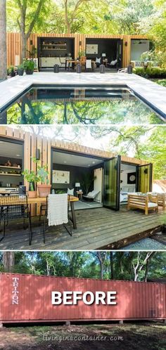 before and after pictures of a pool house in the middle of a wooded area with an above ground swimming pool