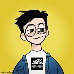 a man with glasses and a t - shirt that says arctic monkeys