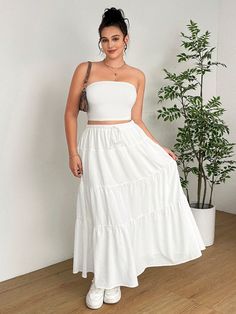 Plus Size Women's White Strapless Top And Skirt Set, 2pcs White Boho    Plain  Slight Stretch  Women Plus Clothing, size features are:Bust: ,Length: ,Sleeve Length: Plus Size White Skirt, Long White Skirts Outfits, White Skirt Styling, Simple Skirt Outfits, White Long Skirt Outfit, Matching Skirt And Top Set, Groovy Outfits, White Boho Skirt, Long White Skirt