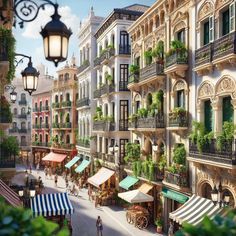 an artist's rendering of a street scene in europe