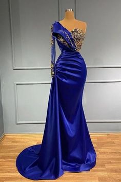 Dark Blue One Shoulder Long Sleeve Mermaid Prom Dress With beads PD0630 Mermaid Prom Dresses With Sleeves, Long Sleeve Prom Dress Mermaid, Blue Prom Dresses Mermaid, Long Sleeve Mermaid Prom Dress, Dress With Beads, Prom Dress With Train, Mermaid Evening Gown