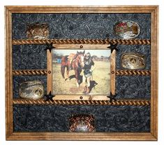 a wooden frame with some pictures on it