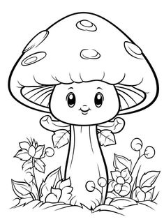 a cartoon mushroom sitting in the grass with flowers around it, coloring page for children