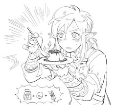 an anime character holding a plate with food on it and pointing to the cake in her hand