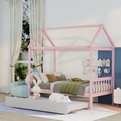 a child's bedroom with a pink bed frame and white rug on the floor