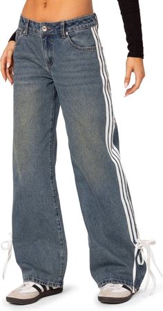 EDIKTED Mattie Side Stripe Bow Low Rise Wide Leg Jeans | Nordstrom Streetwear Wide Leg Bottoms With Three Stripes, Wide Leg Cotton Pants With Three Stripes, Sporty Wide Leg Denim Pants, Trendy Cotton Bottoms With Side Stripes, Wide Leg Bottoms With Side Stripes For Spring, Striped Straight Leg Denim Jeans, Striped Wide Leg Denim Jeans, Striped Wide-leg Denim Jeans, Striped Wide Leg Denim Pants