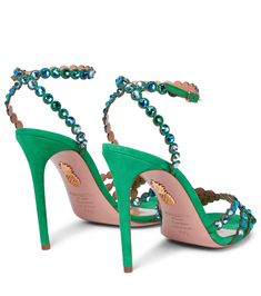 Aquazzura - Tequila 105 embellished leather sandals | Mytheresa Emerald Green Shoes, Aquazzura Tequila, Goat Leather, Green Shoes, After Dark, Metallic Leather, Tequila, Leather Sandals, Stiletto Heels