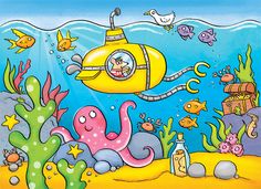 a yellow submarine floating in the ocean surrounded by sea life