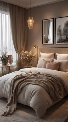 a large bed sitting in a bedroom next to a window covered in blankets and pillows