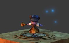 an animated character standing on top of a table next to a water hole with a gold object in it