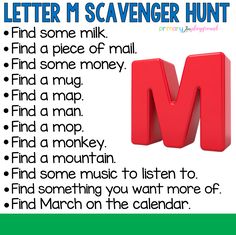 a letter m scavenger hunt with the words'find some milk, find something to