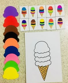 an ice cream cone cut out next to colored paper