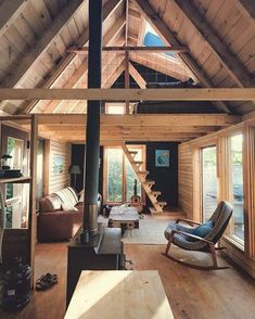 a living room filled with furniture and a wood burning stove in the middle of it