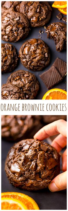 orange brownie cookies with chocolate chips on top and an orange slice in the foreground