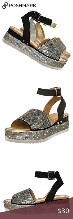 NEW Bling Rhinestone PeepToe Platform Wedge Sandal Add some glam to any casual look with these bling bling espadrilles!! Flaunt your pedicure in this toe-peeping wedge secured at the ankle with a slender strap, sparkle rhinestone encrusted toe band and platform, finished with lightly padded insole.  *** Bundle up to save more *** Condition: Brand New In Box / Unworn Color: Black / Silver Heel Height: 2.5" (Approx) Fit: True To Size Forever Link Shoes Platforms Forever Link Shoes, Silver Heel, Platform Wedge Heels, Wedge Heel Sandals, Silver Heels, Heel Sandal, Platform Wedge Sandals, Platform Wedge, Silver Rhinestone