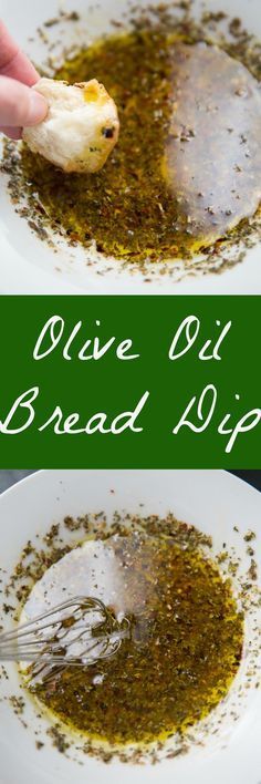 olive oil and bread dip in a white bowl on a green background with the words olive oil spread over it