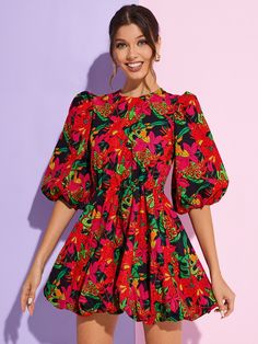 Multicolor Boho Collar Half Sleeve Polyester Tropical A Line Embellished Non-Stretch  Women Dresses Evening Dress Short, Tropical Print Dress, Tropical Fabric, Ruffle Hem Dress, Short Mini Dress, Dress For Short Women, Lantern Sleeve, Hem Dress, Lantern Sleeves