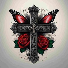 a cross with red roses and butterflies on it, in the shape of a butterfly