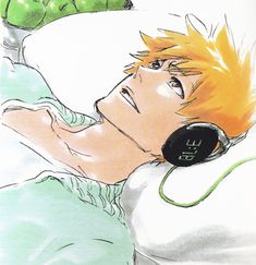 a drawing of a man laying in bed with headphones attached to his ear phones