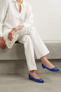 Hangisi Flats Outfit, Manolo Blahnik Hangisi Outfit, Blue Flats Outfit, Blue Heels Outfit, Manolo Blahnik Outfit, Manolo Blahnik Hangisi Flats, Blue Shoes Outfit, Hangisi Flats, Royal Blue Flats