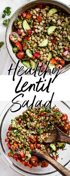 healthy lentil salad with tomatoes, cucumbers and green beans