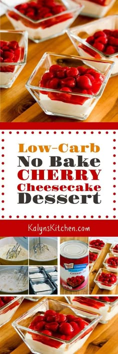 how to cook no - bake cherry cheesecake dessert in glass dishes with text overlay