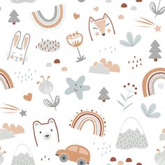 an animal themed wallpaper with trees, clouds, and other animals in pastel colors