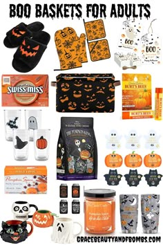 halloween gifts for adults and children with text overlay that reads boo baskets for adults