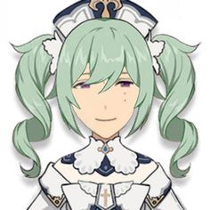 an anime character with green hair and blue eyes wearing a white uniform, standing in front of