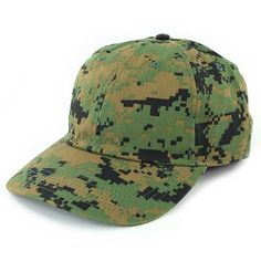 a camo baseball cap with black stitching on the front and side, in green