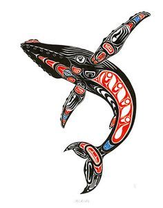 an artistic drawing of a bird in the shape of a whale with red, black and blue designs