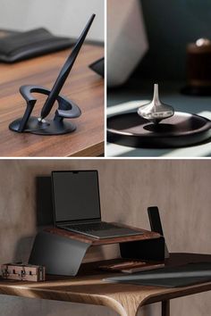 there is a laptop on a desk with a phone holder