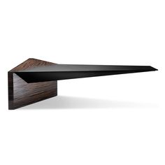 a wooden shelf with black shelves on it