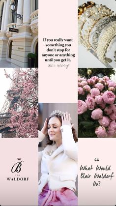 a collage of photos with pink flowers and the eiffel tower in the background