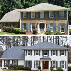 before and after pictures of a house with blue shutters on the front, and in the back