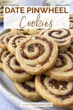 a plate full of cookies with the words date pinwheel cookies on top and bottom