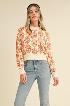 Dive right into effortless style with our Floral Pattern Knit Sweater. The ribbed high round neckline, hem, and cuffs add a touch of sophistication to this comfortable pullover. Perfect for staying cozy during the colder months, while still looking chic. Get ready to bloom in this fun, floral design! Fit: TTS Fabric: 50% Viscose, 30% Acrylic, 20% Polyester Crew Neck Cropped Sweater With Ribbed Cuffs For Fall, Spring Crew Neck Cropped Sweater, Fall Cropped Sweater With Ribbed Crew Neck, Fall Cropped Crew Neck Sweater With Ribbed Neckline, Fall Ribbed Crew Neck Cropped Sweater, Knit Crew Neck Cropped Sweater For Fall, Spring Layering Cropped Sweater With Crew Neck, Spring Crew Neck Cropped Sweater For Layering, Spring Cropped Crew Neck Sweater For Layering