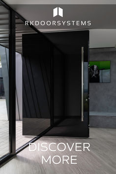 an open black door with the words discovery more in front of it and a white background