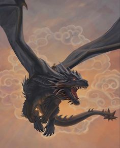 a painting of a black dragon flying through the air with clouds in the back ground